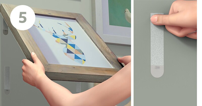 Step 5 - To ensure adhesive hold, temporarily remove frame from wall to reinforce strips. Peel frame as shown. Press each strip on wall for 30 sec.
